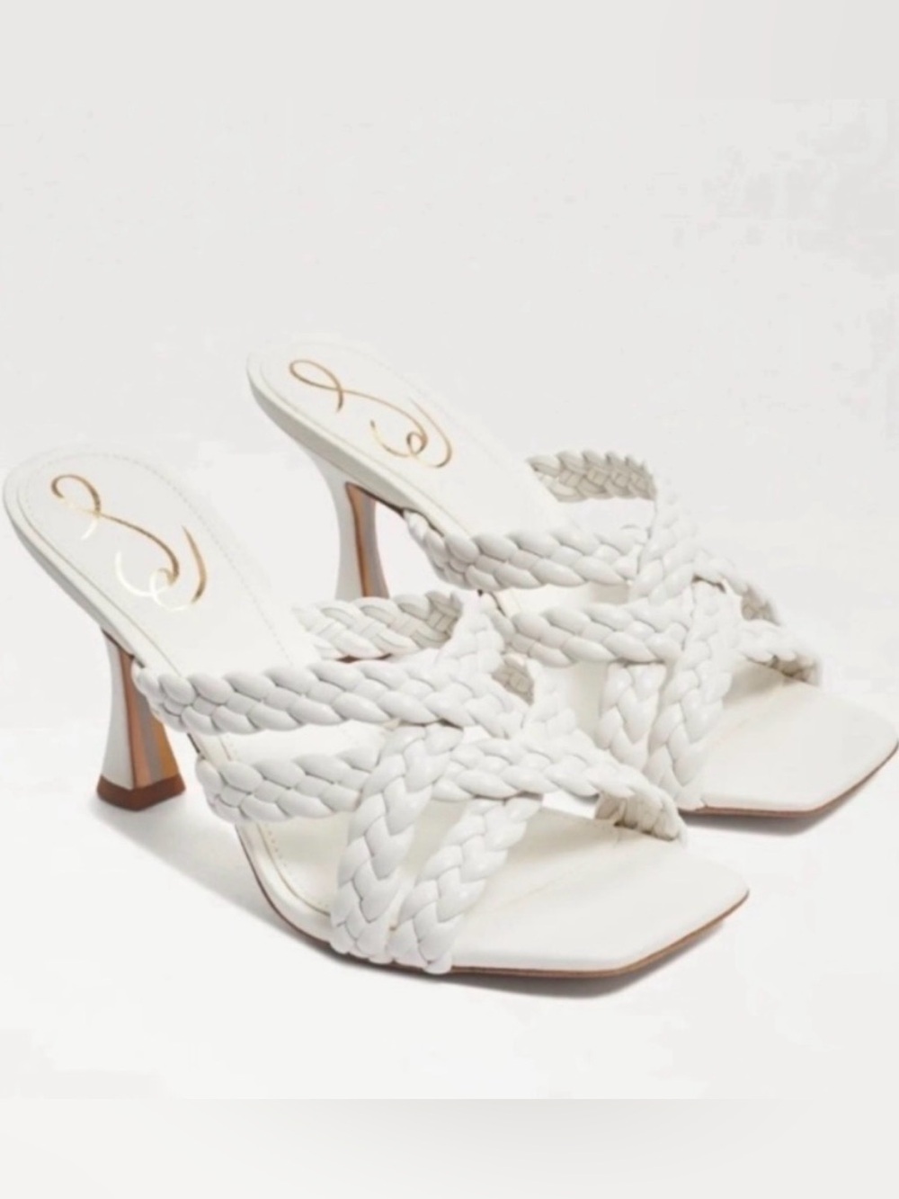 Sam Edelman Leather White Braided Strap Square Toe Heels Mules Sandals 9